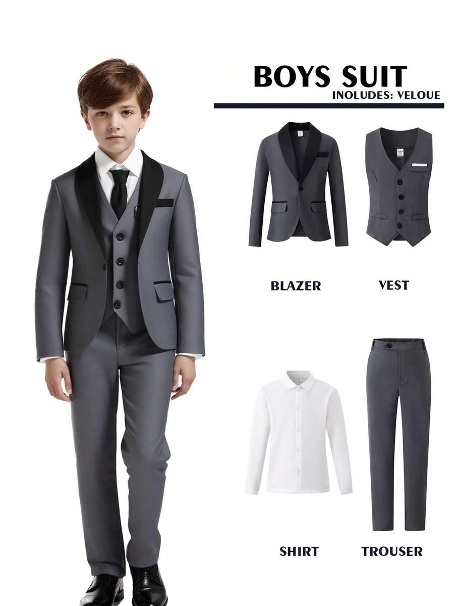 SHEIN 4 件套 Tween Boy 高级优雅时尚宴会婚礼舞台表演主持人服装套装。西装外套 + 修身背心 + 纯白长袖衬衫 + 休闲裤 4 件套,适合晚宴、派对、主持、舞台表演、聚会、T 台、洗礼、商务、生日派对、婚礼、毕业典礼和各种场合,适合所有季节 - 深灰色 - 查看 1