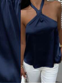 MainGRL Solid Color Casual Versatile Backless Satin Halter Neck Blouse For Women - Navy Blue - View 6