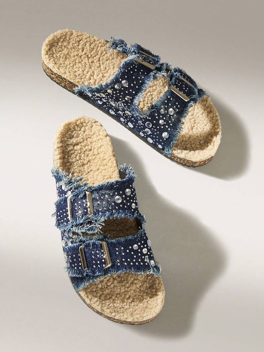 Solecia Women's Rhinestone Decor Buckle Thermal Lined Flat Sandals - Navy Blue - View 1