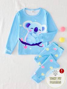 年轻女孩海军蓝简约全身心爱心、星星、鹿印花长袖上衣和紧身裤两件套睡衣套装 - 淺藍色 - 查看 1