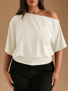 SHEIN BAE Black Casual Slash Shoulder Asymmetrical T-Shirt, Versatile For Daily Wear, Dating, Afternoon Tea, Hanging Out With Friends, All-Matching Occasions, Going Out Tops - Apricot - View 3