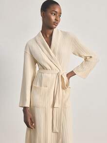 Ocili 女士条纹抓绒柔软家居服睡袍 - 杏色 - 查看 4