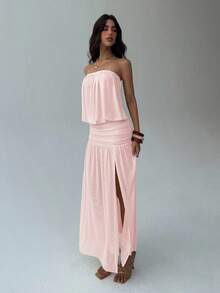 Aloruh 女士新款杏色露背无肩带连衣裙，褶裥设计，长款喇叭裙摆，薄纱连衣裙 - 淺粉色 - 查看 4