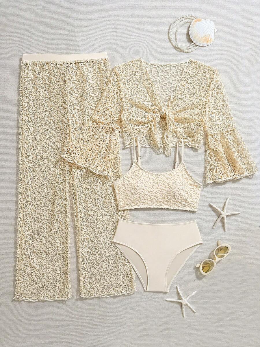 SHEIN 少女比基尼套装,米色纯色镂空网纱针织面料,纱线服装,纱线裤,镂空网纱罩衫,四件套泳衣和泳裤,纱线服装和纱线裤,时尚休闲,精致华丽,适合游泳,适合夏季度假、海滩、游泳池、夏季派对等休闲场合。少女两件套,少女夏季两件套沙滩装,带罩衫的泳衣,三件套比基尼套装,三件套泳装,三件套泳衣,女士休闲时尚夏季半透明沙滩泳装。 - 米色 - 查看 1