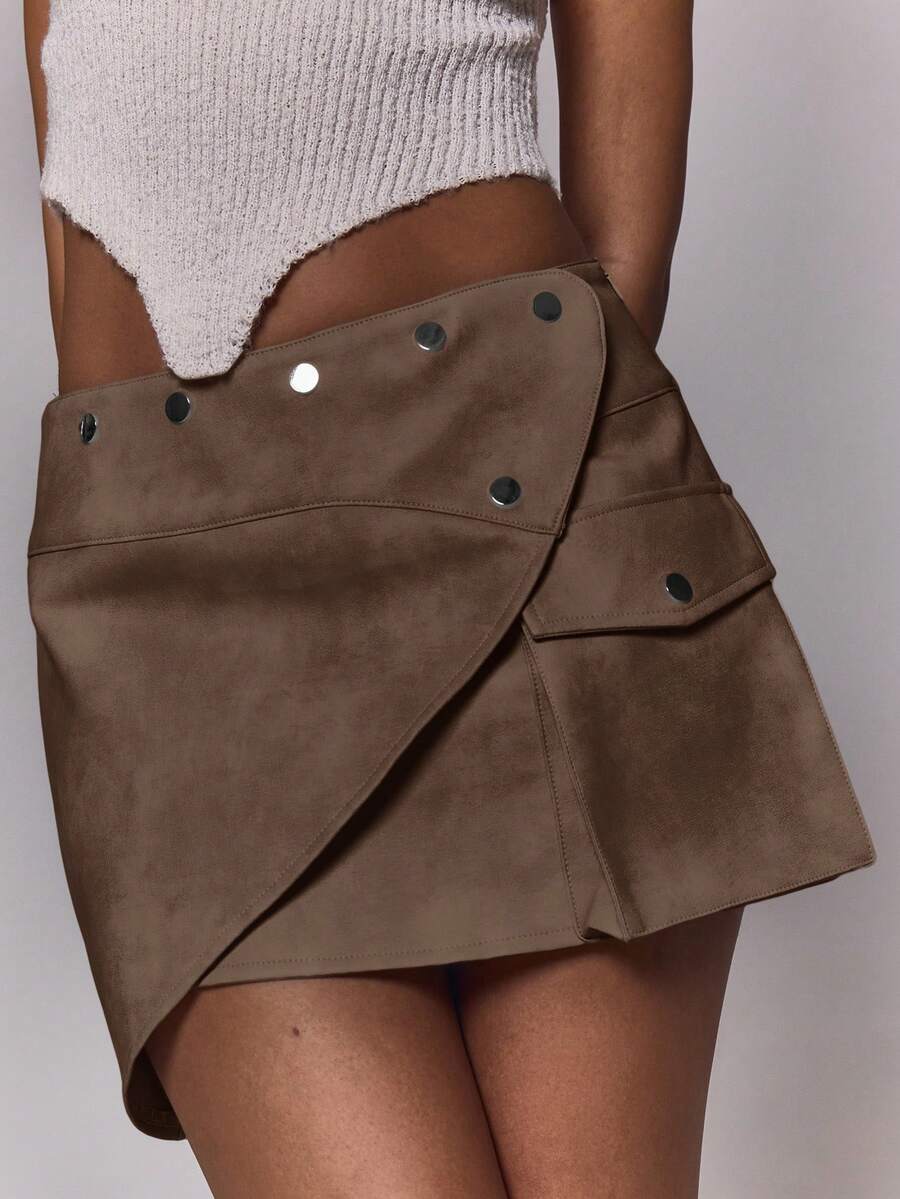 MUSERA Falda de piel sintética con detalle asimétrico de broches, de talle bajo, para salir, uso diario, noche, casual, cool, ropa de calle, lavada, ocasión, fiesta, verano - Marrón Chocolate - Ver 1