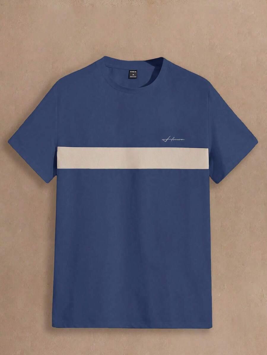 HIMLAND 男士极简印花圆领短袖针织T恤 - 藍色 - 查看 1