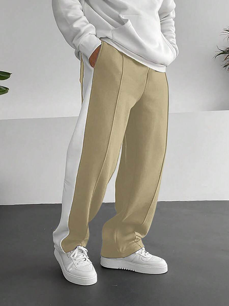 HUEFORM 男士抽绳腰拼接侧缝运动裤 男士阔腿运动裤 米色慢跑裤 男士阔腿侧条纹长款运动裤 男士街头服饰裤 - 駝色 - 查看 1