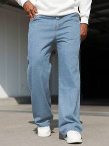 Manfinity Homme Celana Jeans Pria Ukuran Besar Kasual Model Lurus Warna Biru Muda - Biru - View 5