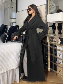 Ronhire Jaqueta longa de manga longa, solta e confortável, com bolsos e cinto, em cor sólida, elegante, para o outono/inverno