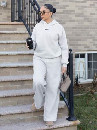 Melissa Matos Conjunto de sudadera con capucha y pantalones de chándal casuales, sueltos y con forro térmico para mujer en otoño/invierno