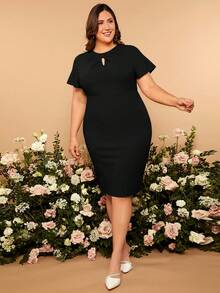 SHEIN Belle 大码女士纯色镂空休闲简约鸡尾酒会婚礼礼服 - 黑色 - 查看 5