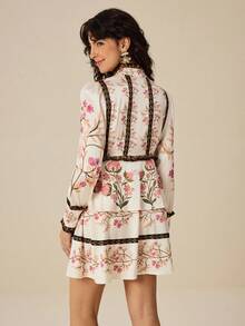 Felipe Marques Women's Floral Print Long Sleeve Short Casual Dress, Suitable For Autumn/Winter, Vacation, Party - Apricot - View 2