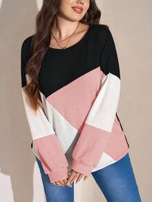 SHEIN LUNE Plus Size Casual Contrast Color Round Neck Lantern Sleeve Sweatshirt, Autumn Plus Size Fall Clothes - Pink - View 5