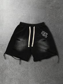 ROMWE MEN 男士交叉印花抽绳腰破洞休闲宽松短裤 - 黑色 - 查看 3