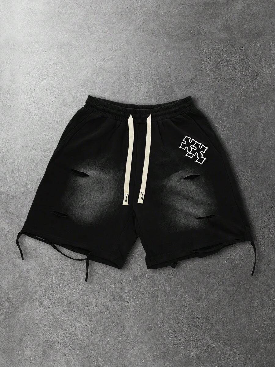 ROMWE MEN 男士交叉印花抽绳腰破洞休闲宽松短裤 - 黑色 - 查看 1