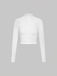 SHEIN MOD 女士荷叶边领长袖修身网纱上衣，多件装 - 酒紅色 - 查看 6