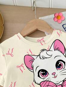 SHEIN 2 Stücke/Set Baby Mädchen Casual Süß Schleife & Katzen Muster, süßer Ballett Stil, cremeweiß rosa, Rundhals Kurzarm T-Shirt und Leggings Set, geeignet für Frühling/Sommer - Verschiedenfarbig - Übersicht 5