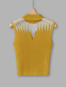 Franclia 女士无袖针织上衣，撞色设计 - 芥末黃 - 查看 2