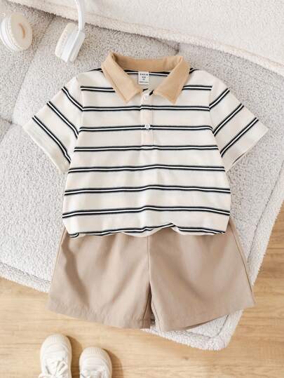 SHEIN 2pcs/Set Kids/Young Boys Casual Everyday Versatile Comfortable Striped Polo Shirt And Khaki Shorts Set, Suitable For Spring/Summer, Daily Wear, Sports, Outings, School, Gatherings, Festivals, Photoshoots,Easter Gift For Boys,Toddler Boy Clothes,Toddler, Suitable For Spring/Summer, Outings, Valentine's Day, Dates, Travel, Vacations, Family Gatherings, Back To School, Weddings, Evenings, Sports, Birthday Parties