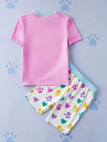 SHEIN | PAW Patrol Kleine Mädchen Cartoon Hund Muster Rundhals Kurzarm T-Shirt und Shorts eng anliegender Pyjama Set, Sommer - Pink - Übersicht 2