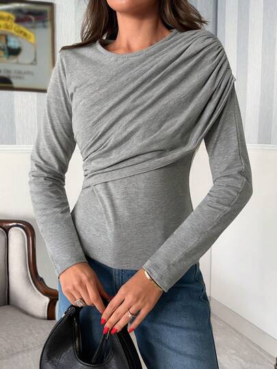 EURMUSE Slim Fit Top, One-Shoulder Drape Detail, Long Sleeves, Soft Stretchy Jersey, Modern Minimalist Style, Elegant Gathered Front, Versatile Day To Night, Comfortable Chic, Feminine Silhouette