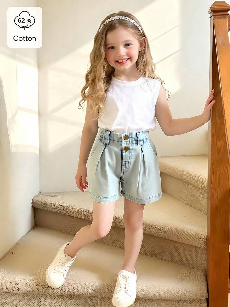 SHEIN Vintaside Kids شورتات جينز مستقيمة الساق للبنات، كاجوال، فضفاضة، خصر مطاطي، مناسبة للربيع/الصيف، للخارج، الشارع، المدرسة، الاستخدام اليومي، الحفلات، العطلات، التنقل، المنزل، وصول جديد للخريف - أزرق فاتح - مشاهدة 1