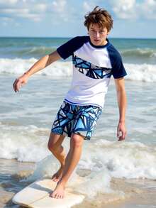 Ensemble de maillot de bain pour garçons préadolescents - Top anti-UV à manches courtes assorti à un short de plage, maillot de bain sport décontracté pour garçons, adapté pour l'été