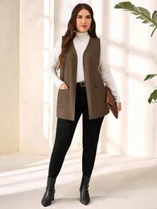 SHEIN PETITE CURVE Abrigo sencillo y casual de unicolor sin mangas y holgado con bolsillo, para primavera/verano, vacaciones en otoño/invierno, talla grande - Camel - Ver 3