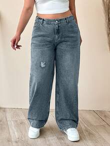 EURMUSE 100% Cotton Plus Size Women's Mid-Blue Elastic Waist Straight Leg Jeans - Light Wash - View 6