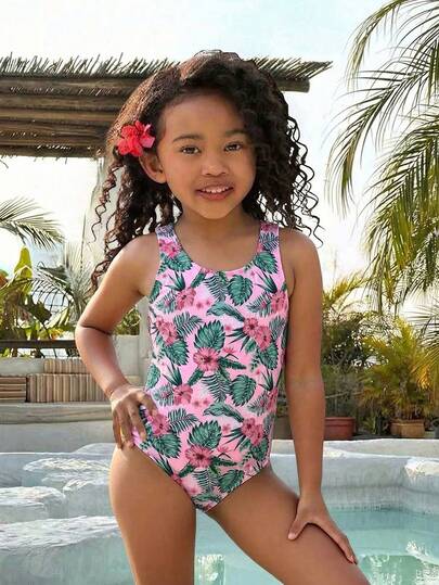 SHEIN Young Girl Floral Print Cute Casual Tankini Swimsuit, Spring/Summer