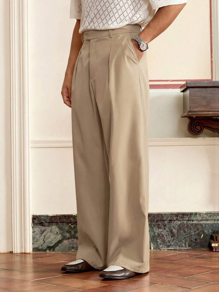 EASEVO Plus Size Men's Casual Woven Apricot Color Long Pants - Khaki - View 3