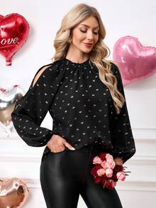 SHEIN Clasi Women's Elegant Butterfly Print Cold Shoulder Lantern Sleeve Loose Blouse, Suitable For Spring/Autumn, Valentine's Day Date Valentine Outfits For Wome  Casual Women Outfits  Retro Bow-Print Off-Shoulder Sexy And Elegant Versatile Spring Shirt - Black and Gold - View 1