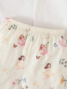 SHEIN 2件套女婴可爱休闲粉色蝴蝶结荷叶边长袖T恤和松紧腰裤套装