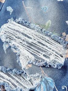 SHEIN MOD 大码女式印花口袋破洞阔腿休闲牛仔裤 - 中等水洗藍 - 查看 4