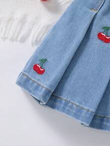 SHEIN 女婴樱桃刺绣蓝色牛仔百褶裙 - 淺色水洗藍 - 查看 7