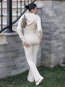 Melissa Matos Apricot Fleece Knitted Texture Stand Collar Zipper Front Cropped Hoodie And Retro Flare Leg Long Pants, Simple Casual Sports Minimalist All-Match Essential Wardrobe, Women Spring Autumn Set Fall Cloth For Women - Apricot - View 2