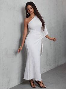 Eryvara 斜肩修身优雅性感连衣裙 白色单肩连衣裙 白色女装 白色性感连衣裙 白色优雅连衣裙 - 杏色 - 查看 5