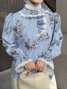 DAZY Women's Elegant Floral Lace Patchwork Blouse, Spring/Summer Long Sleeve - Blue - View 8