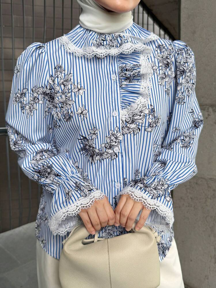 Women's Elegant Floral Lace Patchwork Blouse, Spring/Summer