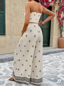 SHEIN Maternity Floral Print Tube Top And Adjustable Waist Wide Leg Pants Fashion 2 Pieces Set - Apricot - View 2