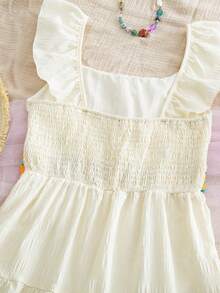 Sparklyn Teen Girls Boho Tiered Ruffle Dress - Sleeveless Square Neck A-Line Mini Dress With Colorful Crochet Waistband For Summer Beach Vacation - Apricot - View 5