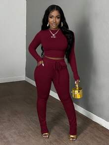 Slaydiva 两件套女士休闲基础款秋冬圆领长袖紧身露脐上衣和抽绳松紧腰修身裤运动套装 - 酒紅色 - 查看 5