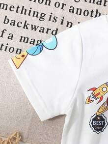 SHEIN Playful Pals 2件/組 嬰兒男童夏季套裝 白色卡通字母印花圓領短袖上衣與素色短褲 可愛城市度假活力時尚套裝 - 彩色 - 查看 5