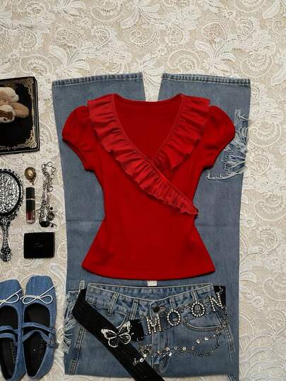 Glimmora Women's Solid Color Ruffle Trim Puff Sleeve Casual Blouse