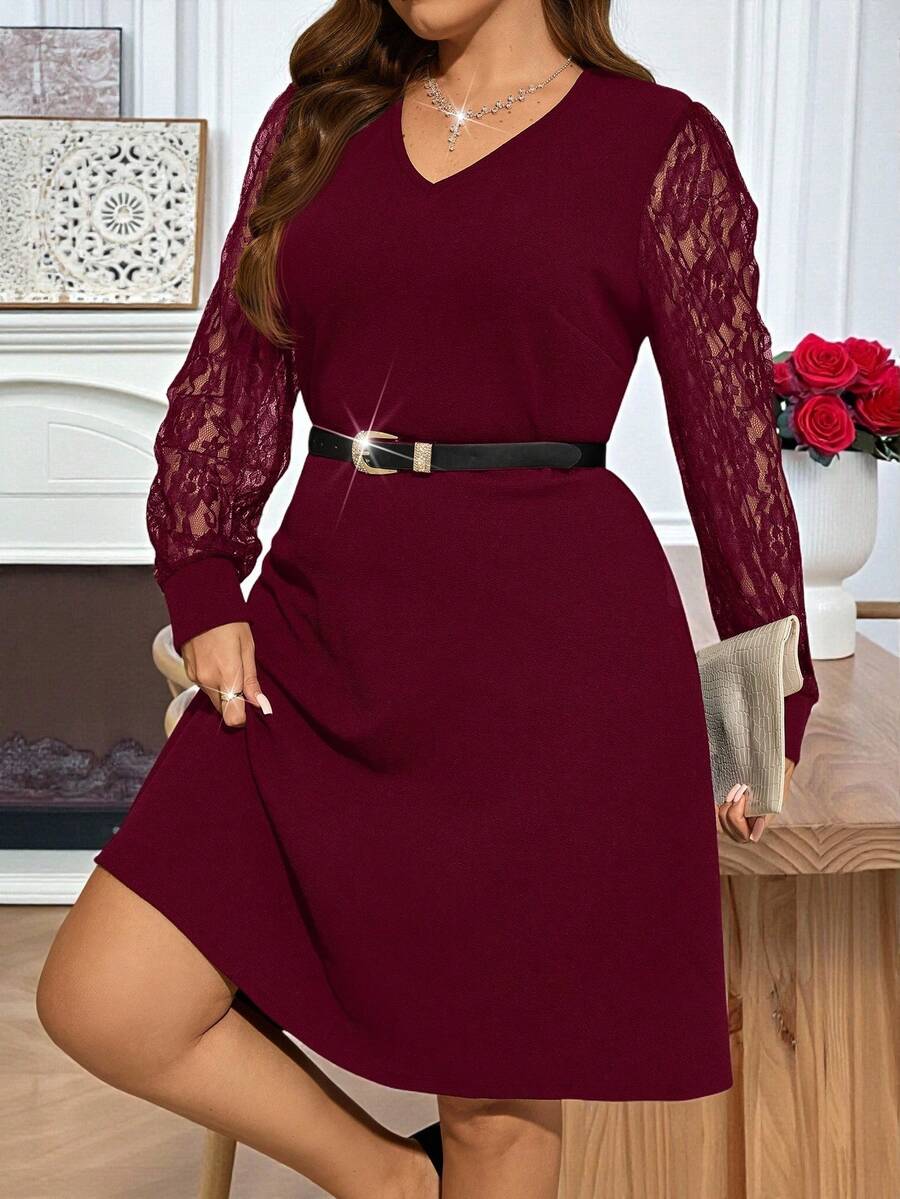 EMERY ROSE Váy dài tay cổ chữ V thêu ren màu đỏ tía thanh lịch cỡ lớn dành cho nữ, mùa thu/đông - Màu Đỏ Sâu - Xem 1