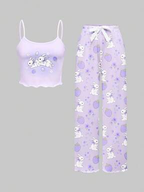 Kawaii Cute Rabbit All-Over Print Camisole & Pants Pajama Set, Casual Loungewear