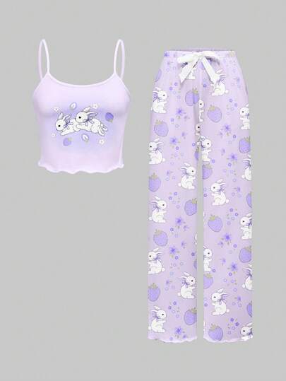 Kawaii Ensemble pyjama camisole et pantalon imprimé lapin mignon, tenue de détente casual