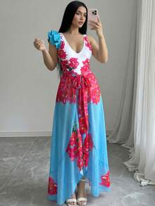 Swim Oasis 2件套优雅性感露背花卉荷叶边无袖连体泳衣及沙滩裙，秋冬季女士沙滩套装泳装带罩衫泳池服，女士泳衣，女士端庄泳装带罩衫沙滩套装，女士裙装夏威夷风情女士泳装套装 - 彩色 - 查看 4