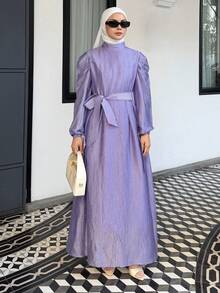 DAZY Women's Elegant Solid Color Stand Collar Puff Sleeve Belted Long Dress, Spring/Summer Vacation Maxi Dress Sundress - Purple - View 4