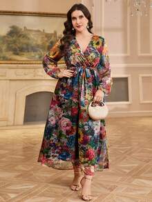 Reflora 大码女式印花重叠V领灯笼袖优雅连衣裙 - 彩色 - 查看 6